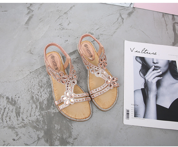 2024 New cross-border large-sized hollowed-out sandals, Bohemian-style women's shoes, summer comfortable flat diamond sandals undefined