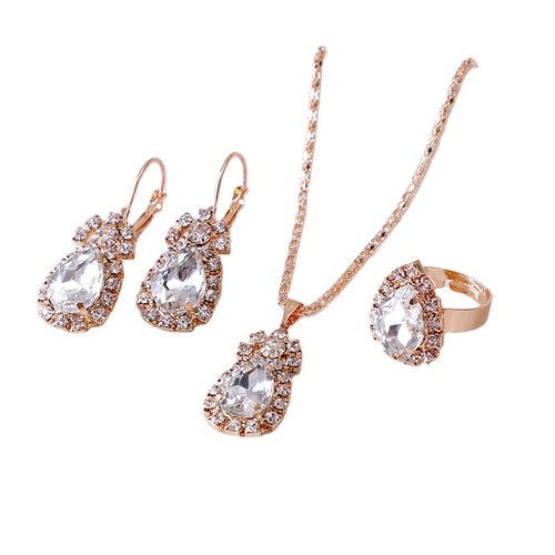 New European and American water drop shiny rhinestone necklace earrings ring set bridal jewelry three-piece set factory direct sale