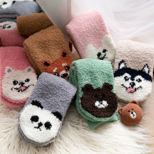 Autumn lunar November children loose mouth half velvet cartoon animal coral velvet sleep women's socks puppy panda thickened floor socks