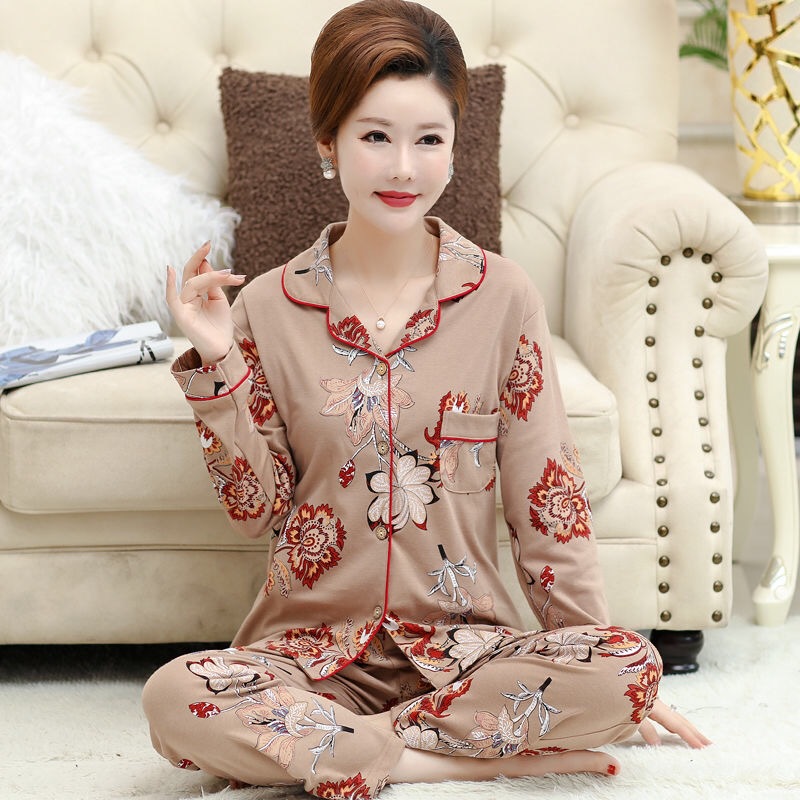 100% algodón pijamas de mujer primavera y otoño pantalones de manga larga cardigan de mediana edad mamá traje de invierno homewear