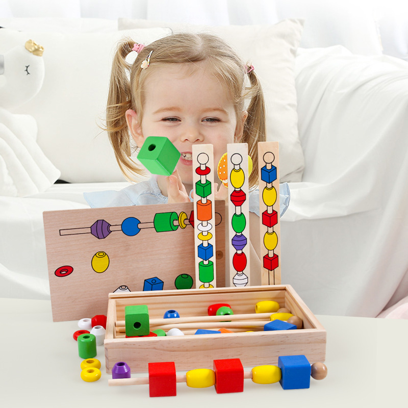 Madera forma geométrica bloques de construcción juguetes cognitivos enhebrar cuerda madera juego niños inteligencia cuentas