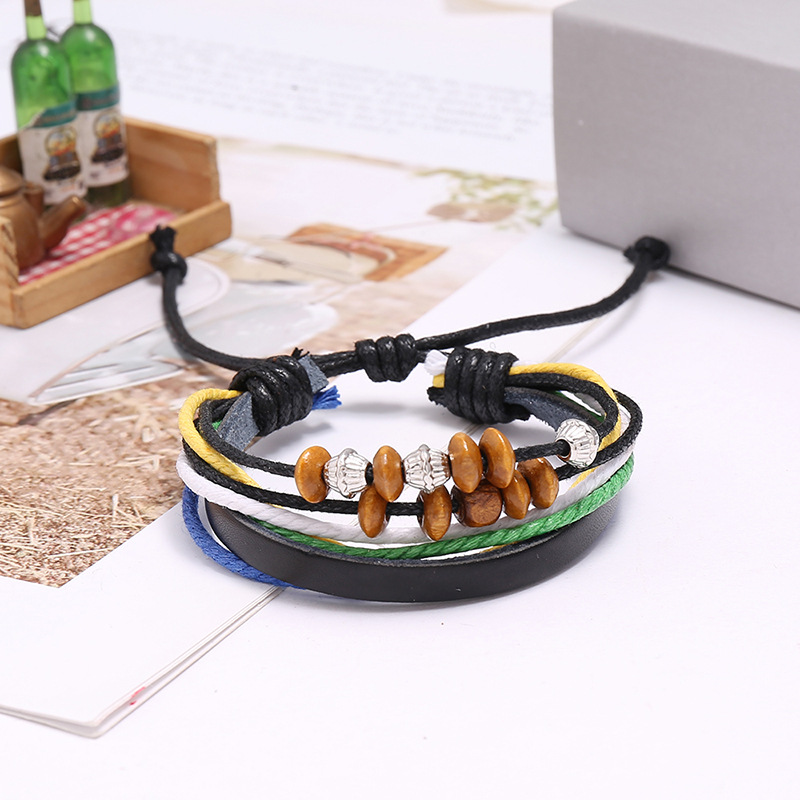 Hot Sell Beaded Leather Bracelet Hand Woven Multilayer Hemp Rope Wooden Bead Bracelet wholesale niha