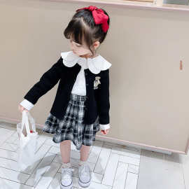 女宝宝三件套套裙2025新款女童学院风春秋套装时尚外套衬衣格子裙