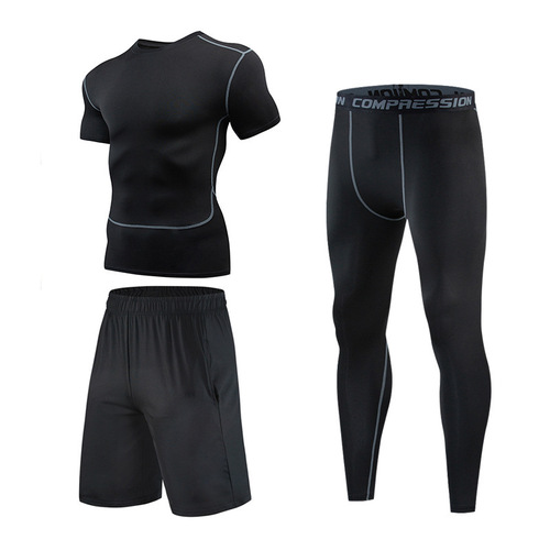 Quick-drying sports suit men's summer short-sleeved T-shirt fitness clothing running tights training three-piece basketball uniform