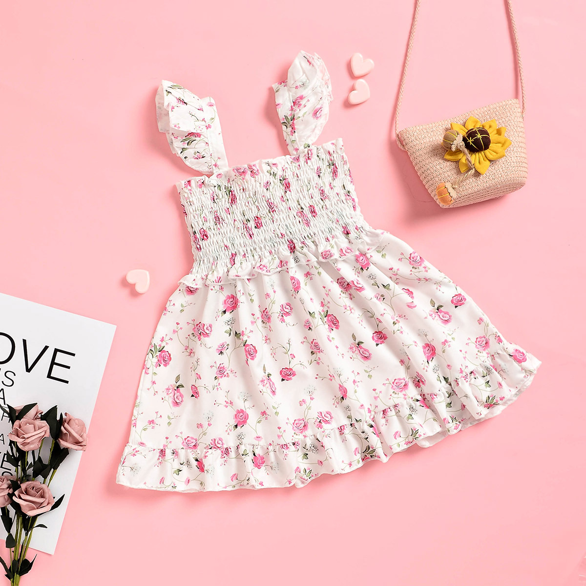 INS Summer Thin Pink Rose Print Ruffled Pink Suspender Dress Foreign Trade Children's Clothing Wholesale