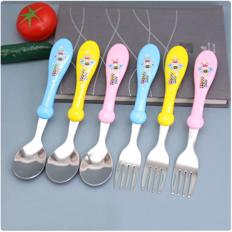 2020卡通蜜蜂叉子勺子寶寶喂養餐具不鏽鋼叉勺便攜輔食吃飯訓練勺