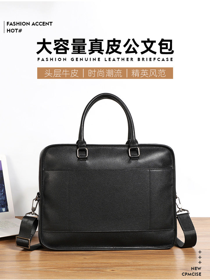 Túi xách tay nam da bò thật ngang 38×9×29 cm đựng laptop 14 inch — Màu đen chi tiết 2