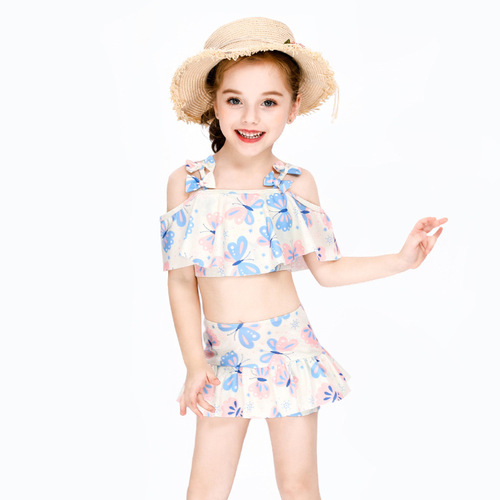 New children's swimsuit skirt style girl's one-piece swimsuit small fresh butterfly baby girl split suspender hot spring swimsuit