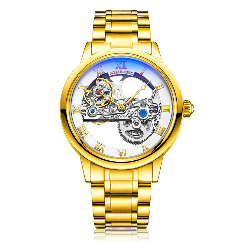 Ogulas AOKULASIC reloj mecánico automático para hombre hollow-out bottom flywheel acero Belt reloj 5003G