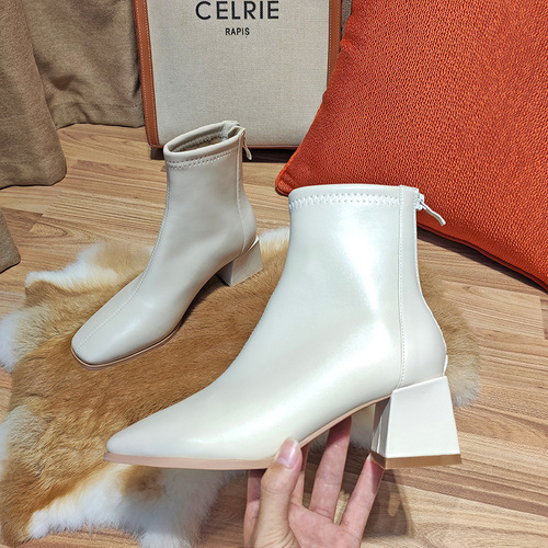 Fuhao Korean style high-heeled short boots for women  new thick-heeled women's leather boots autumn and winter women's shoes fashionable microfiber shoes