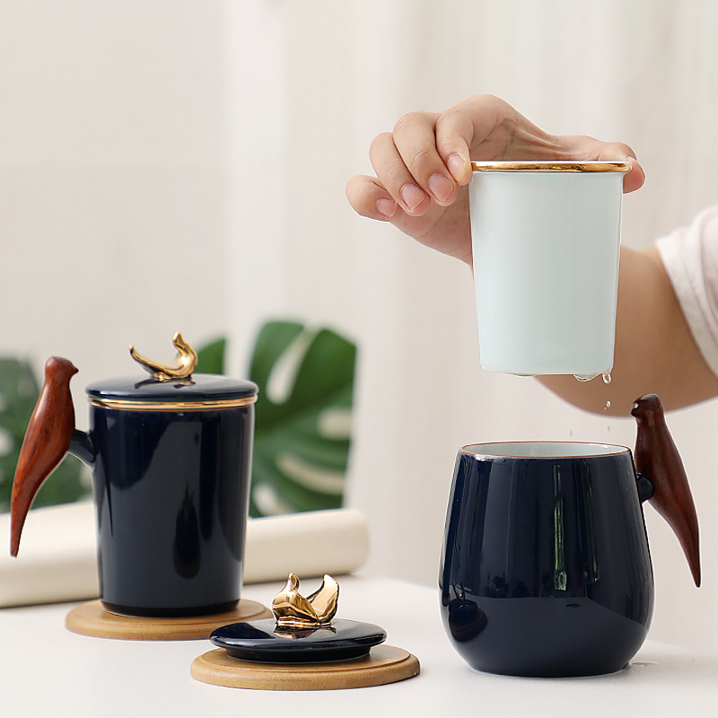 水杯三件套礼品定制创意陶瓷泡茶杯伴手礼比翼杯霁蓝釉办公杯茶具