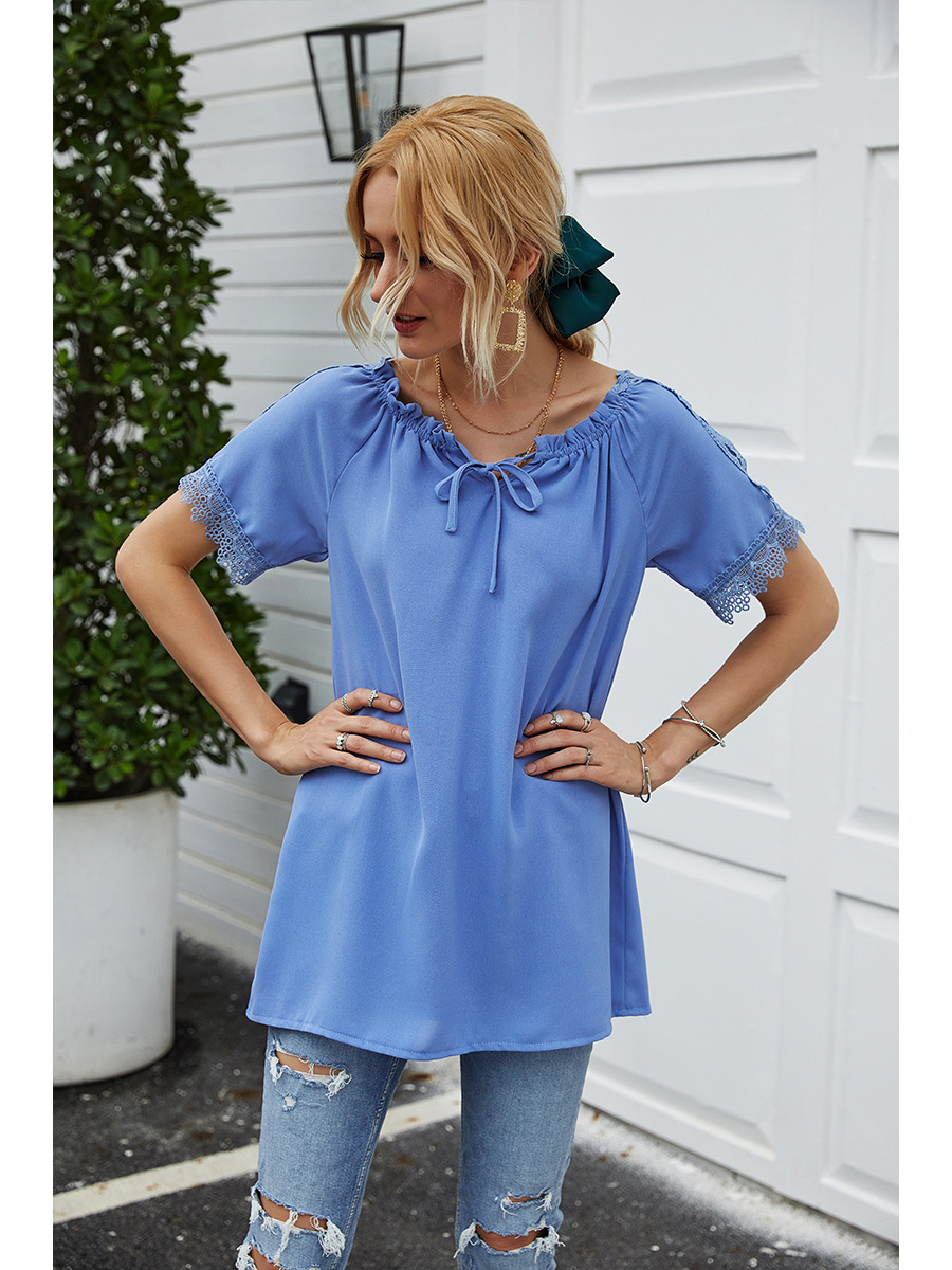 solid color lace one-shoulder hooded casual short-sleeved T-shirt NSAL2880