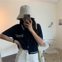 韓版復古百搭網紅撞色polo領短款開衫上衣女短袖針織衫新款夏季潮