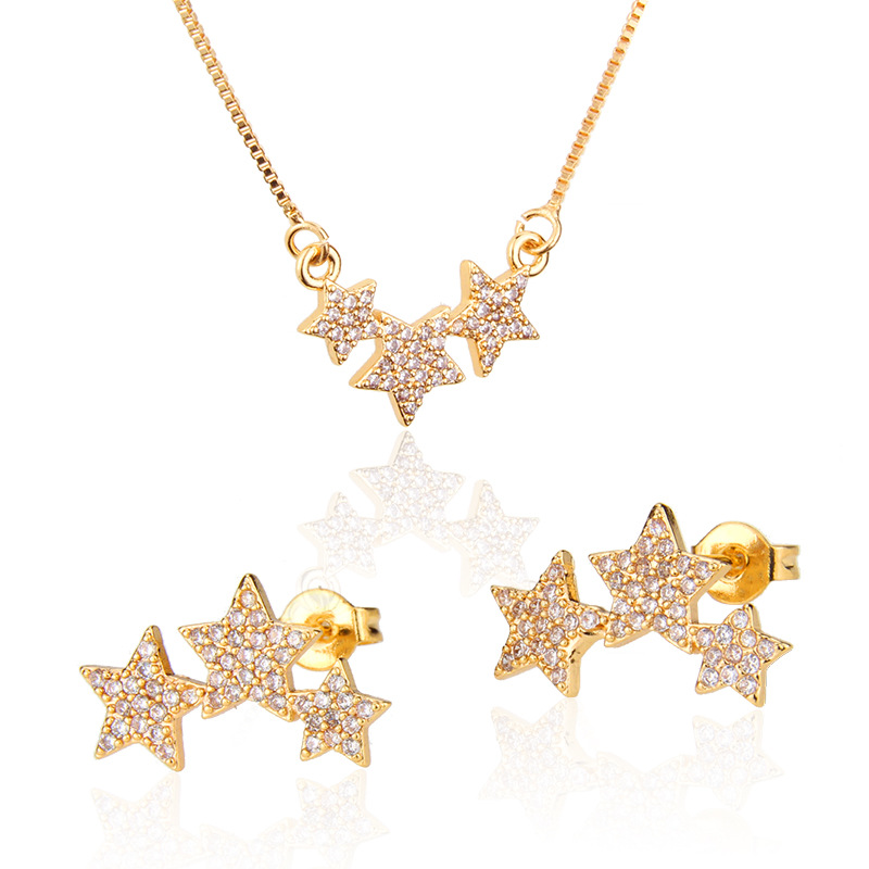 Hot Sale Three-rose Five-pointed Star Earrings Necklace Set Hot New Gold-plated Star Pendant Ear Pin Wholesale Nihaojewelry display picture 1