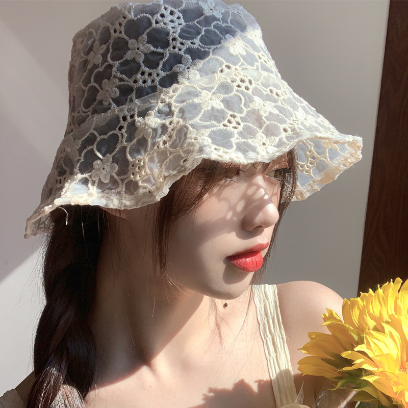 夏季新款镂空蕾丝渔夫帽女韩版百搭可爱小花朵盆帽网红同款遮阳帽