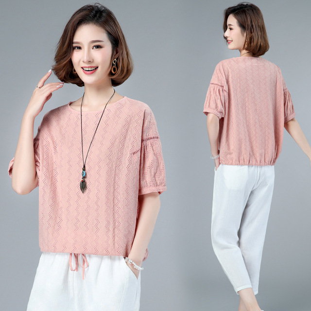 Comfortable and fashionable Shirt Short Sleeve summer round neck individual solid color temperament