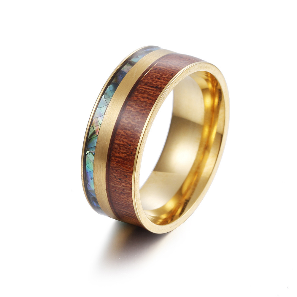 Cross-border 8mm Wide Acacia Wood Plus Abalone Shell Titanium Steel Ring Standard Jewelry Wholesale display picture 7