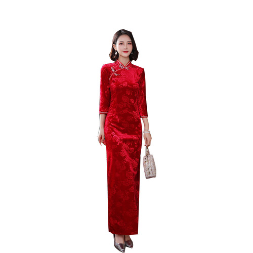 Cheongsam Chinese dresses traditional velvet long solid color daily retro catwalk Cheongsam women