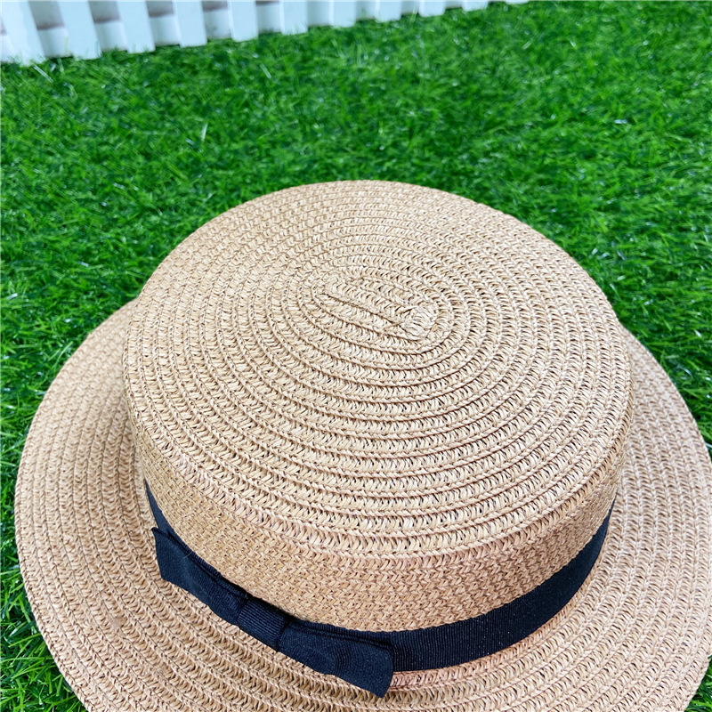 Korean Straw Hat Shading Hat Summer Flat-brimmed Bow Straw Flat Top Hat display picture 3