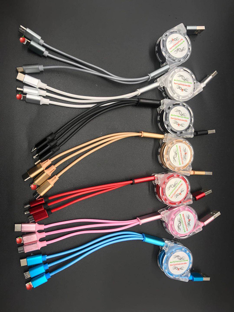 Factory wholesale, one-piece consignment gift, retractable data cable, logo, one-to-three retractable data cable, charging cable pic 1
