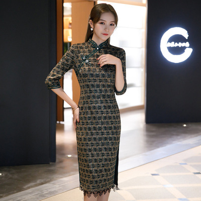 Women chinese dress qipao oriental retro Cheongsam mid-length improved stand collar long-sleeved girl cheongsam dress
