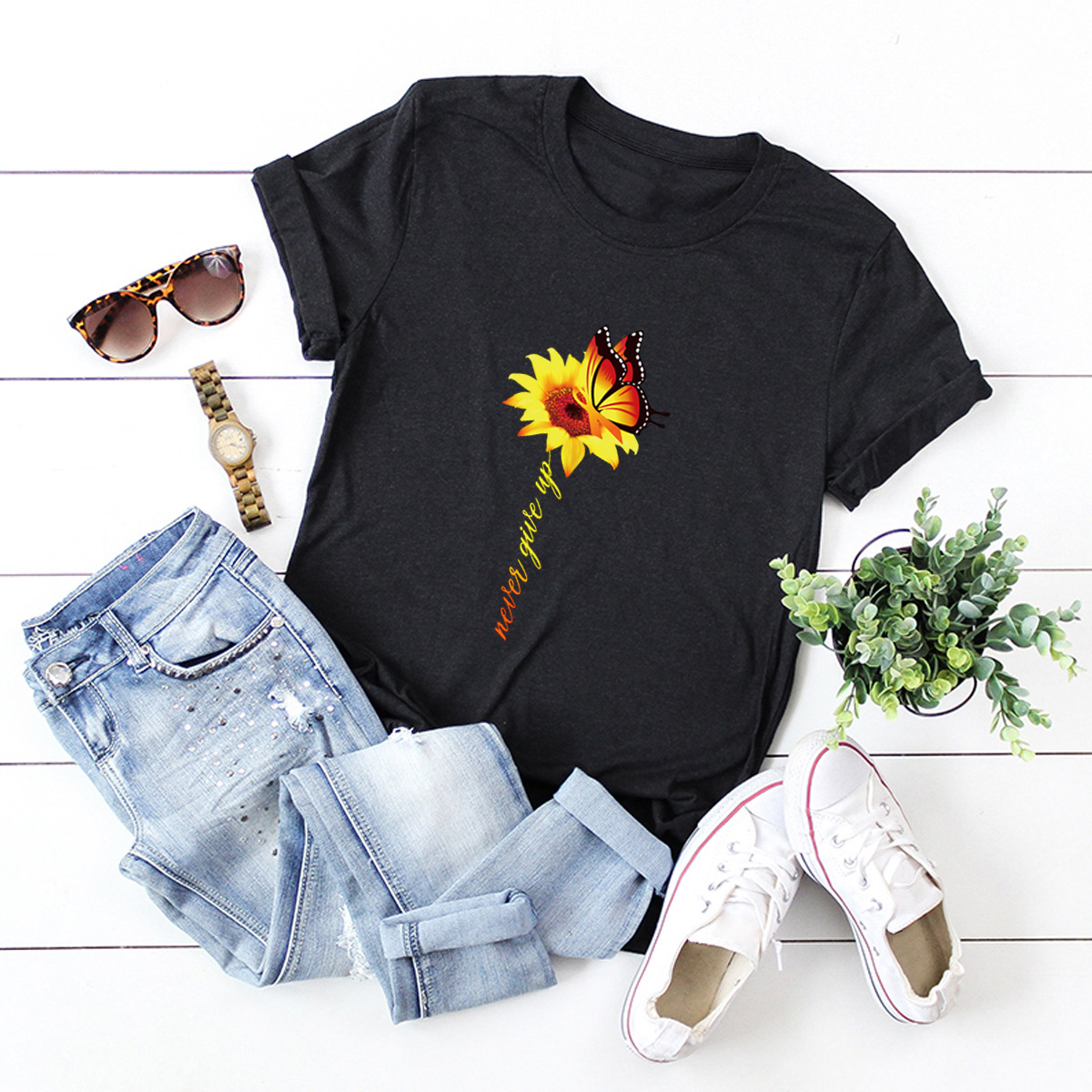 casual sunflower butterfly short-sleeved T-shirt NSSN1767