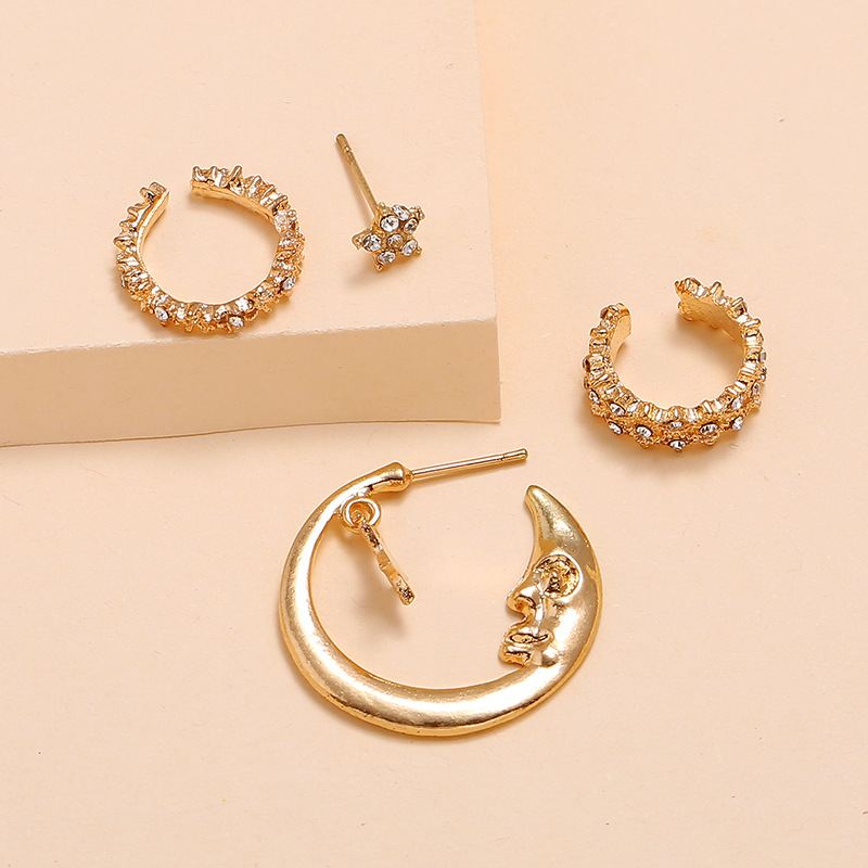 4 Pieces Retro Star Moon Alloy Plating Artificial Diamond Women's Earrings display picture 3