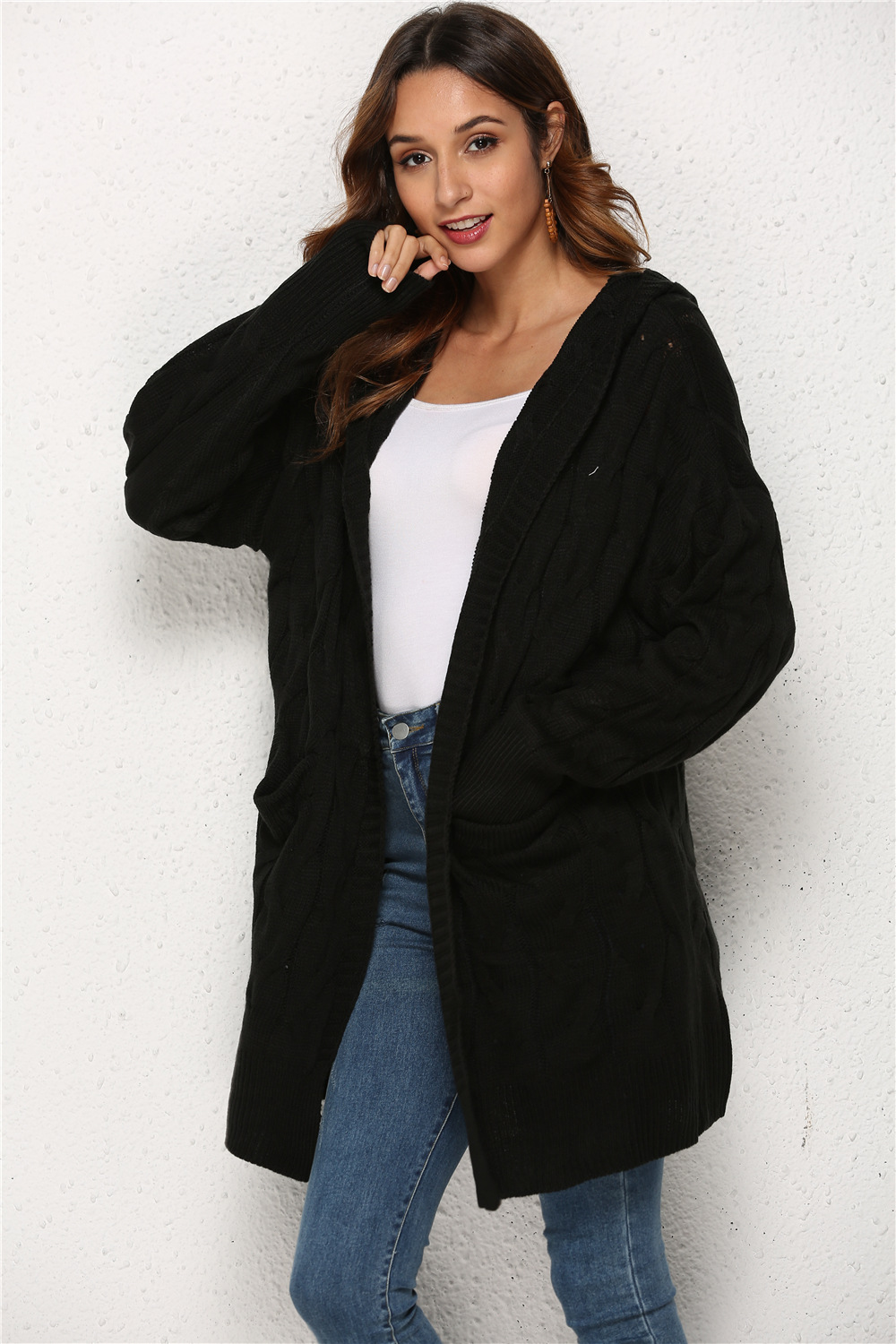 Dames gebreide twist capuchon trui jas_voghion.com