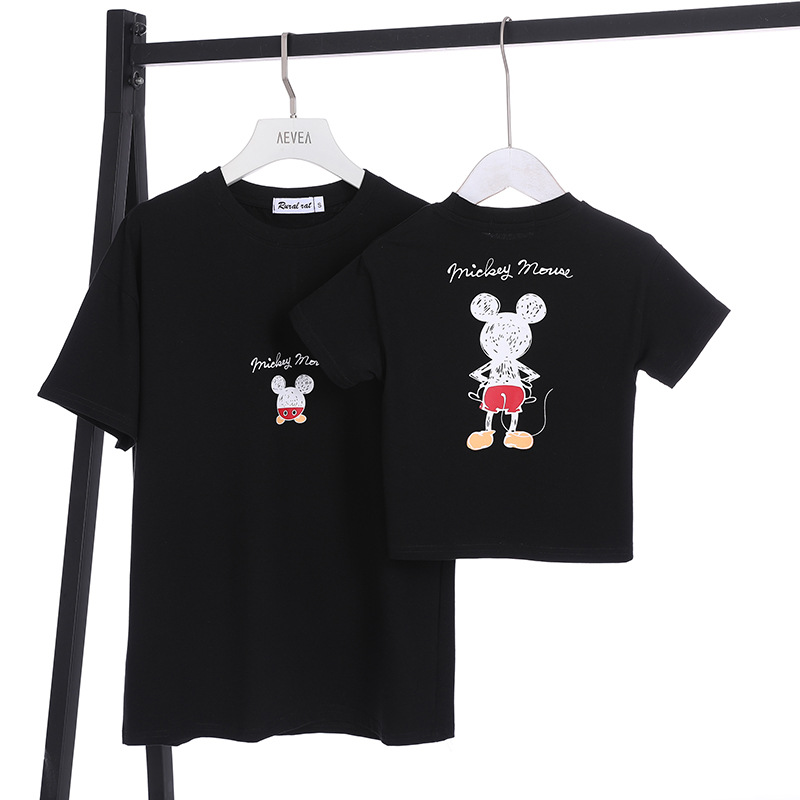 Summer new parent-child short sleeve family of four Mickey print round neck T-shirt Korean fashion sports black and white