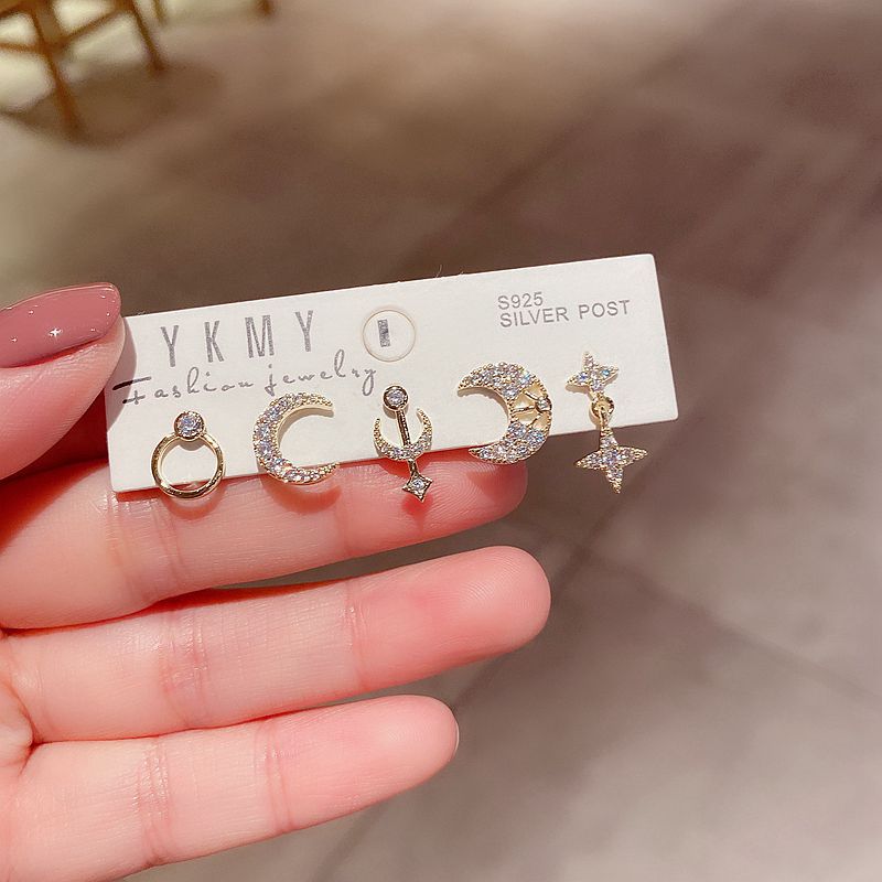 Korean  5 Piece Set Simple  Micro-inlaid Zircon Moon Star Earrings display picture 4