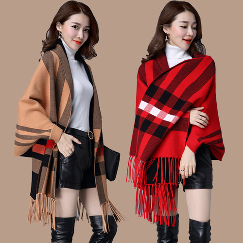 Autumn and winter factory direct sales knitted cape cloak for women thickened with sleeves spring and autumn fashion outer plaid shawl cross-border