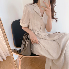 韩国chic气质西装领显瘦棉麻侧系带收腰短袖连衣裙纯色长裙子女