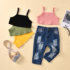 Suspender strip top + European and American wind break open bag jeans suit for children