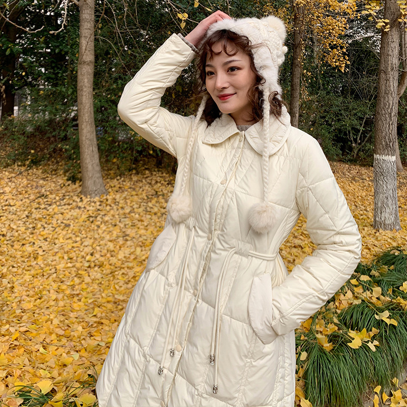 2020冬季新款轻薄中长款羽绒服女韩版时尚收腰系带菱形白鸭绒外套