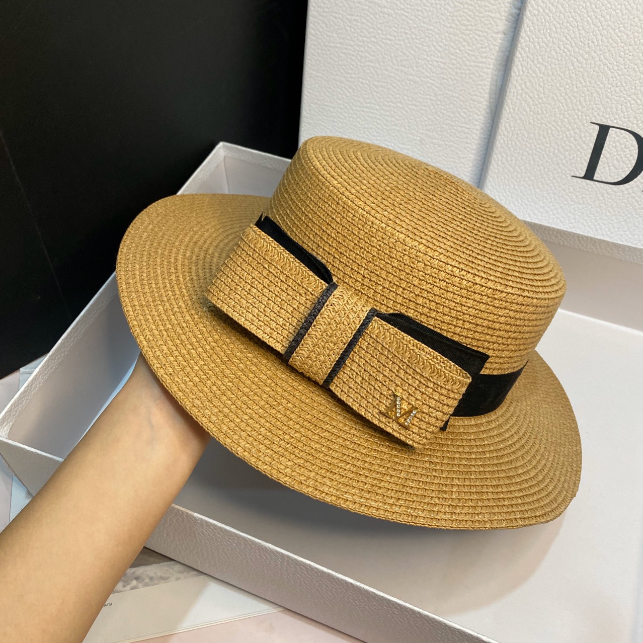 Japanese straw hat summer Dilraba style bow flat top sun hat, wide-brimmed sun hat for outings and sun protection detail image 5