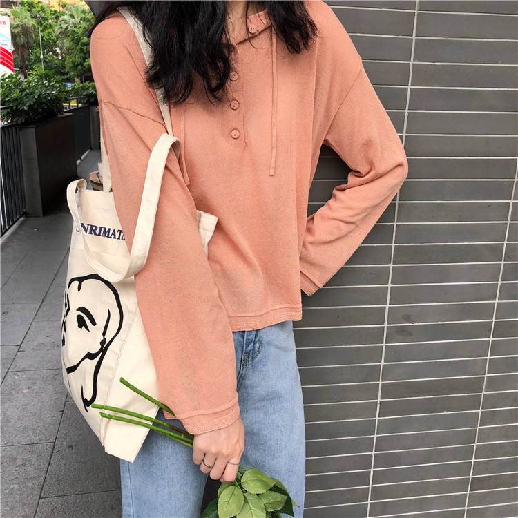 A224 South Korea INS with the same style simple female head printed canvas bag shoulder bag outside pocket art cloth bag