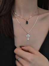 925银十字架项链女小众设计感锁骨链字母轻奢方牌复古饰品