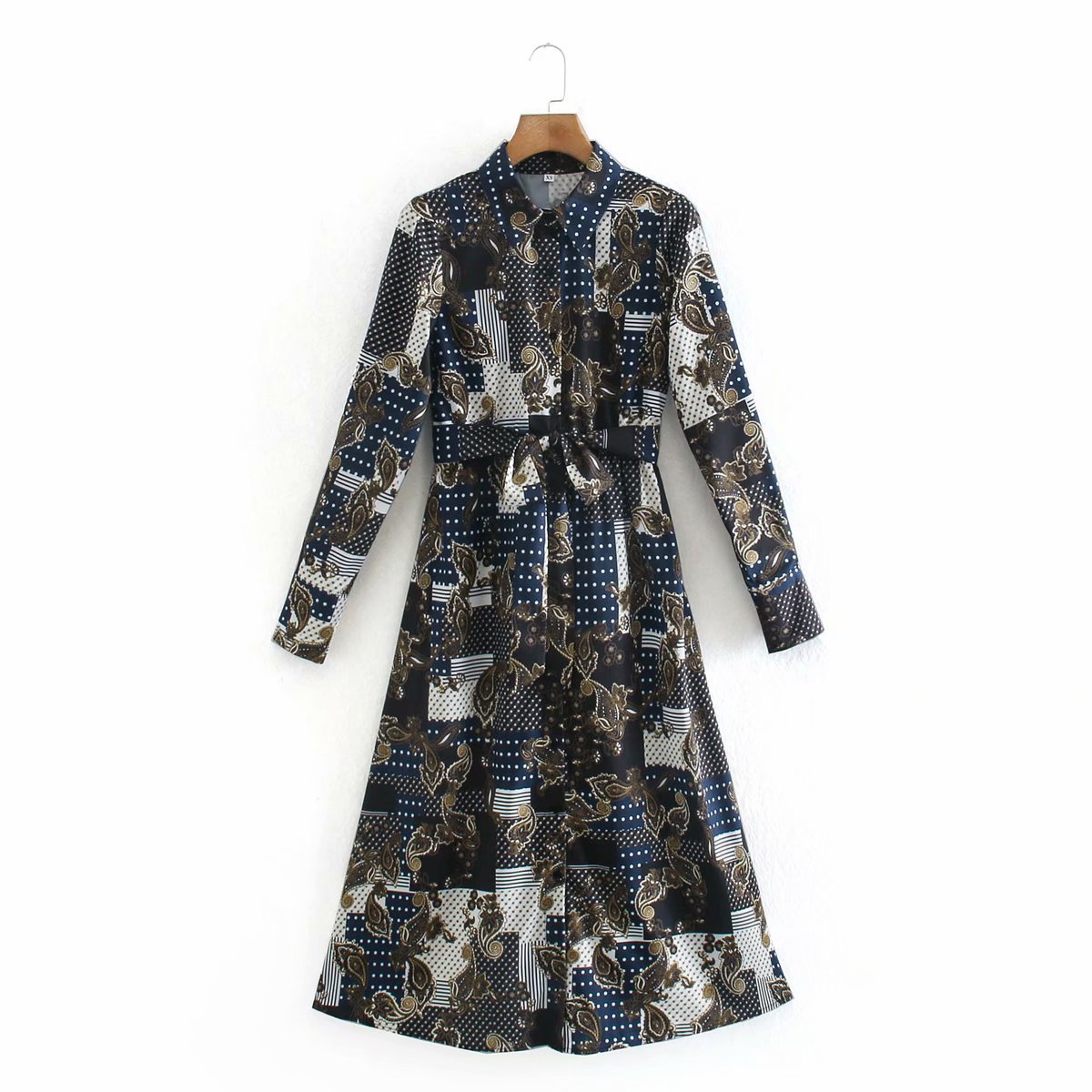 Lapel Long Sleeve Lace Waist Printed Shirt Dress  NSAM8248