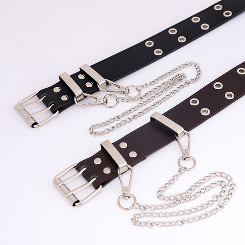 New punk style double exhaust eye PU belt women's Korean style jeans fashion chain decoration wide belt for women