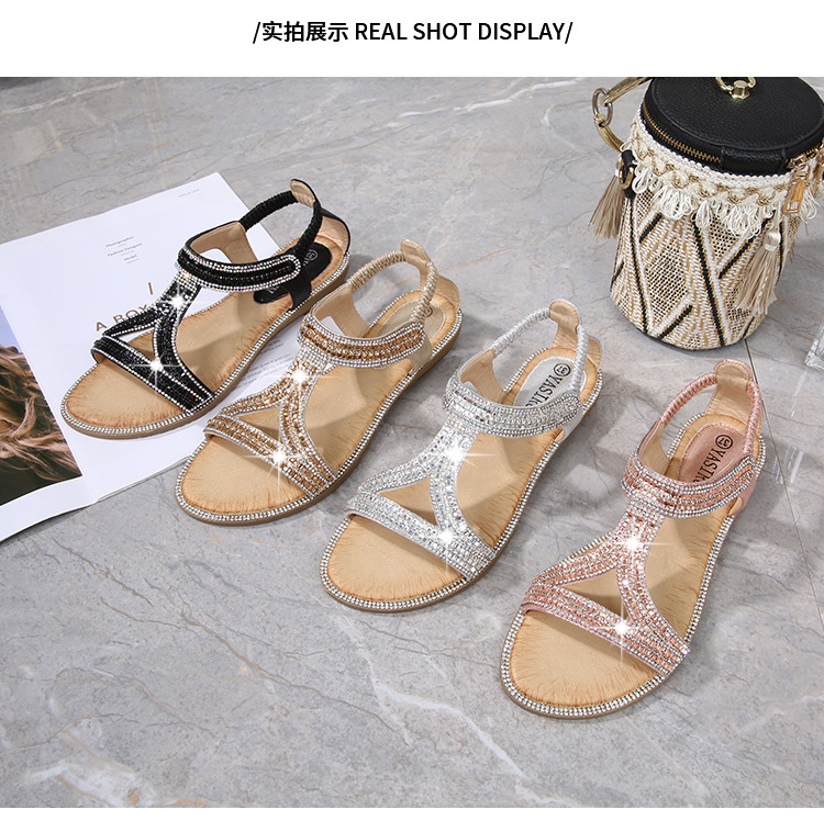 2025 New cross-border sandals Bohemian-style women's shoes summer hollowed-out flat diamond sandals Womanshoes undefined