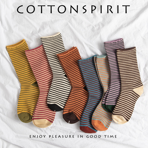 Cotton spirit new autumn and winter French plain basic striped cotton college style socks for women mid-calf socks