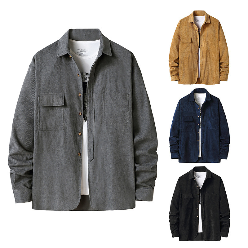 Men'S  Autumn And Winter Corduroy Henry Collar Long Sleeve Shirt Jacket