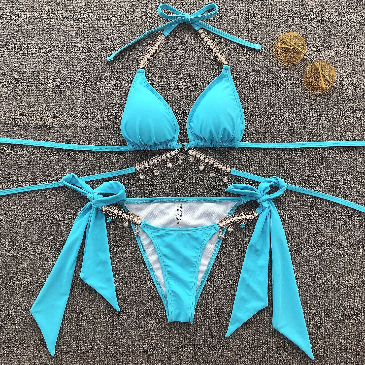 Lake Blue Crystal Diamond Straps Triangle Sexy Bikini Gathered Swimwear Wholesale Nihaojewelry display picture 2