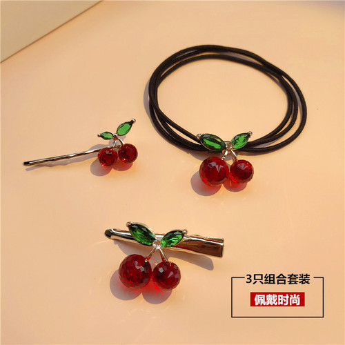 ins sweet cherry hairband hairpin three-piece set Korean elegant crystal cherry rubber band hairband hairpin side clip for women
