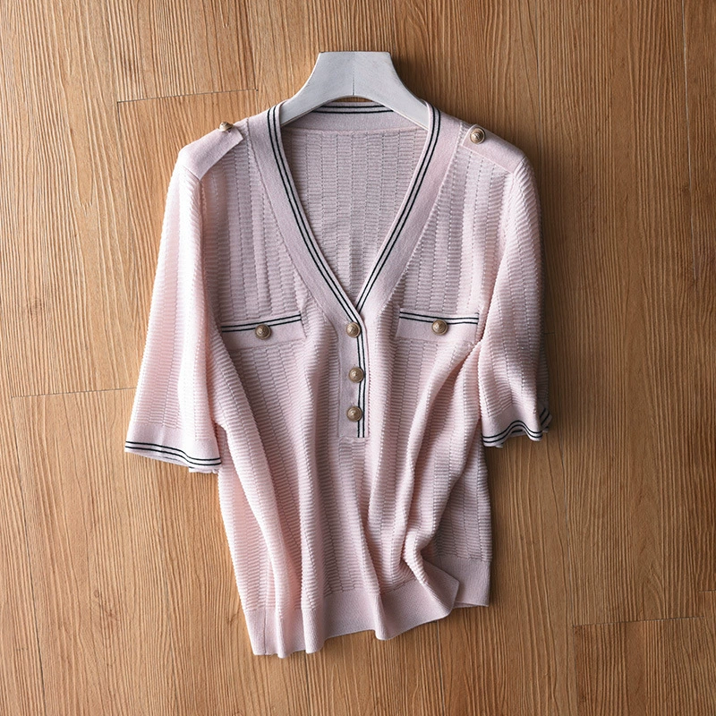 [Специальная цена не будет возвращена] Xiaoxiang V-образный вырез с полыми рукавами с короткими рукавами свитер женский свободный яркий шелковый топ