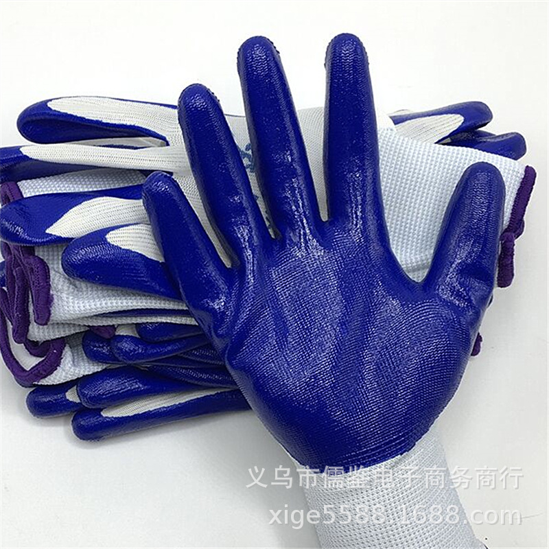 厂家直供丁晴劳保手套防滑耐磨浸胶透气工作搬运防护白蓝手套