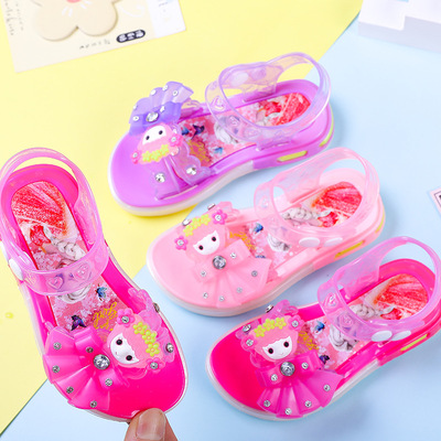 女童水晶透明凉鞋2020新款夏季百搭公主鞋防滑露趾厚底学生沙滩鞋