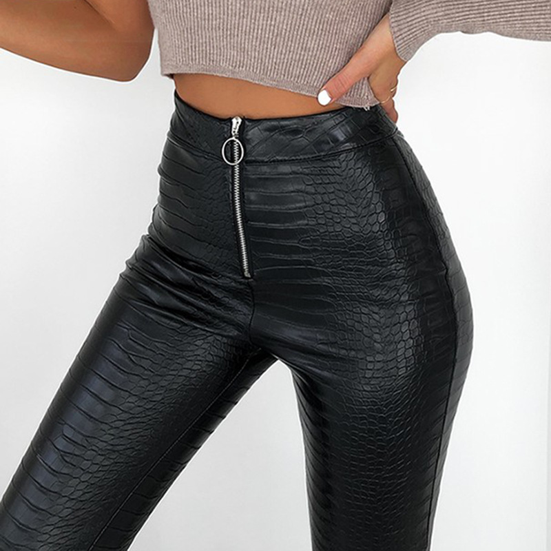 High Waist Casual Crocodile Leather Pants Women'S Slim Fit Pu Leather Fashion Ins Zipper Leggings