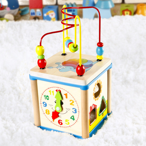 Wooden children's multi-functional four-sided bead toy educational development early education teaching aids wooden shape box for boys and girls