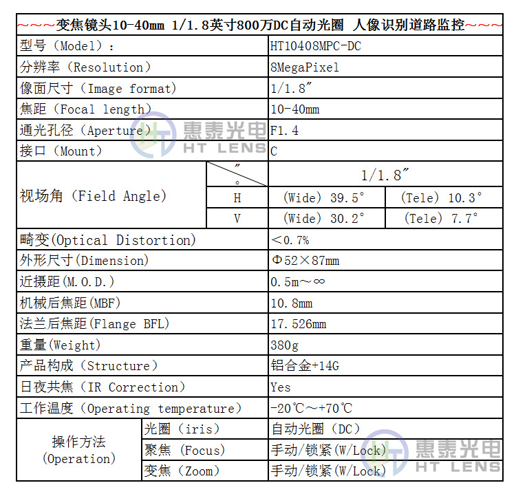 초상화 인식 감시 렌즈 10-40MM 자동 조리개 1/1.8 인치 HD 8 백만 C 포트 수동 줌